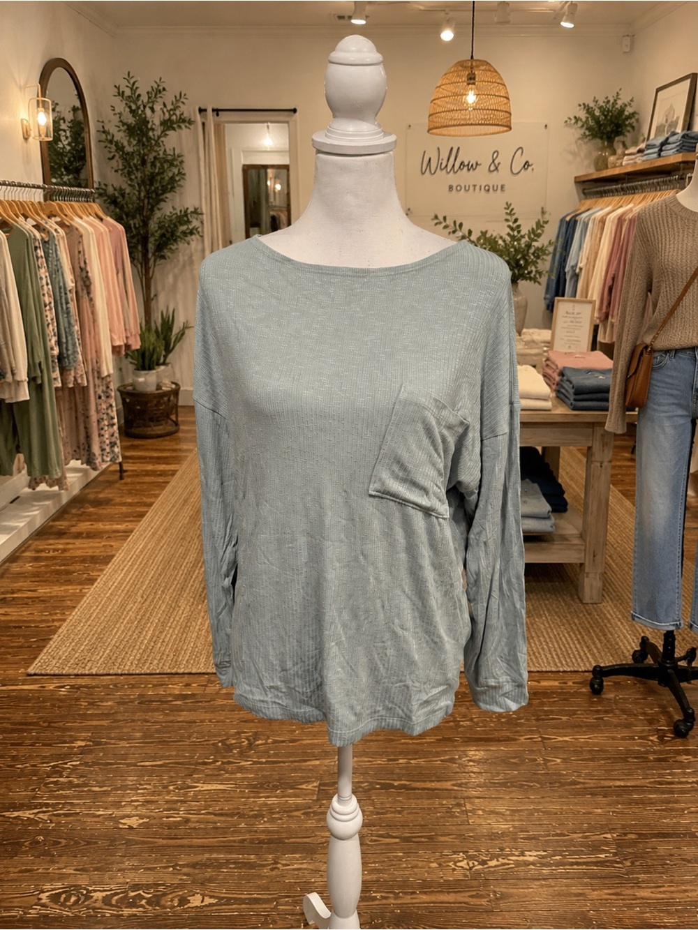 White Birch Sage Green Ribbed Pocket Top Long Sleeve Soft Stretch M-XL NWT